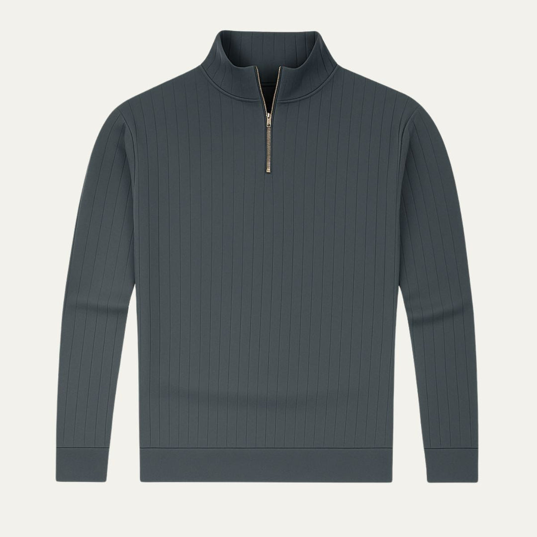 Long sleeve men's half-zip sweater, ribbed texture & stand collar, great for layering in winter fashion.