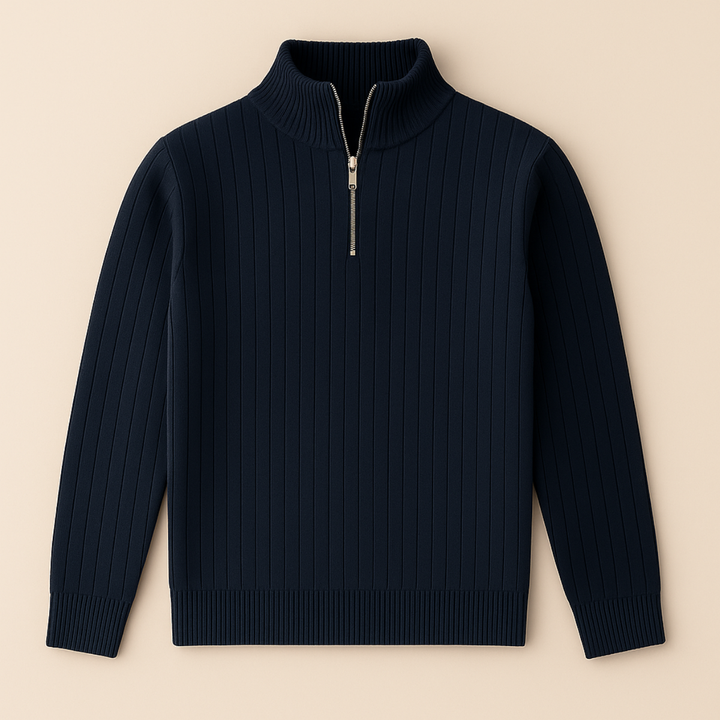 Modern men's ribbed half-zip sweater featuring a stand collar for versatile, cozy winter fashion.