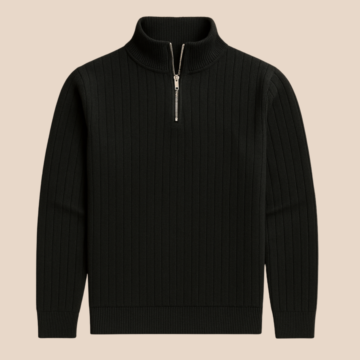 Men's ribbed half-zip sweater, stand collar, long sleeve. Essential for layering and casual comfort.