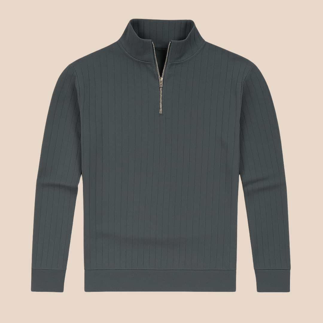 Elegant men's ribbed half-zip stand collar sweater. Perfect for smart casual outfits and cozy winter days.