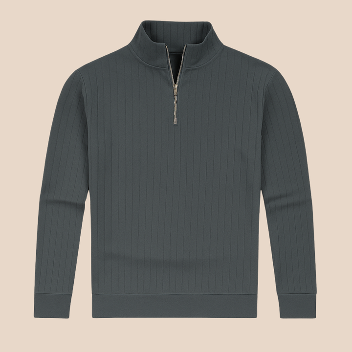 Elegant men's ribbed half-zip stand collar sweater. Perfect for smart casual outfits and cozy winter days.