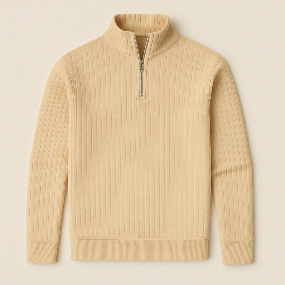 Ribbed men's half-zip sweater with a stand collar, offering textured style and warmth for chilly days.