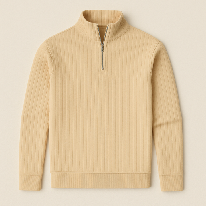 Ribbed men's half-zip sweater with a stand collar, offering textured style and warmth for chilly days.
