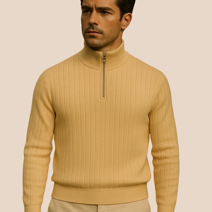 Comfortable men's half-zip ribbed sweater, stand collar, designed for everyday wear and cozy style.