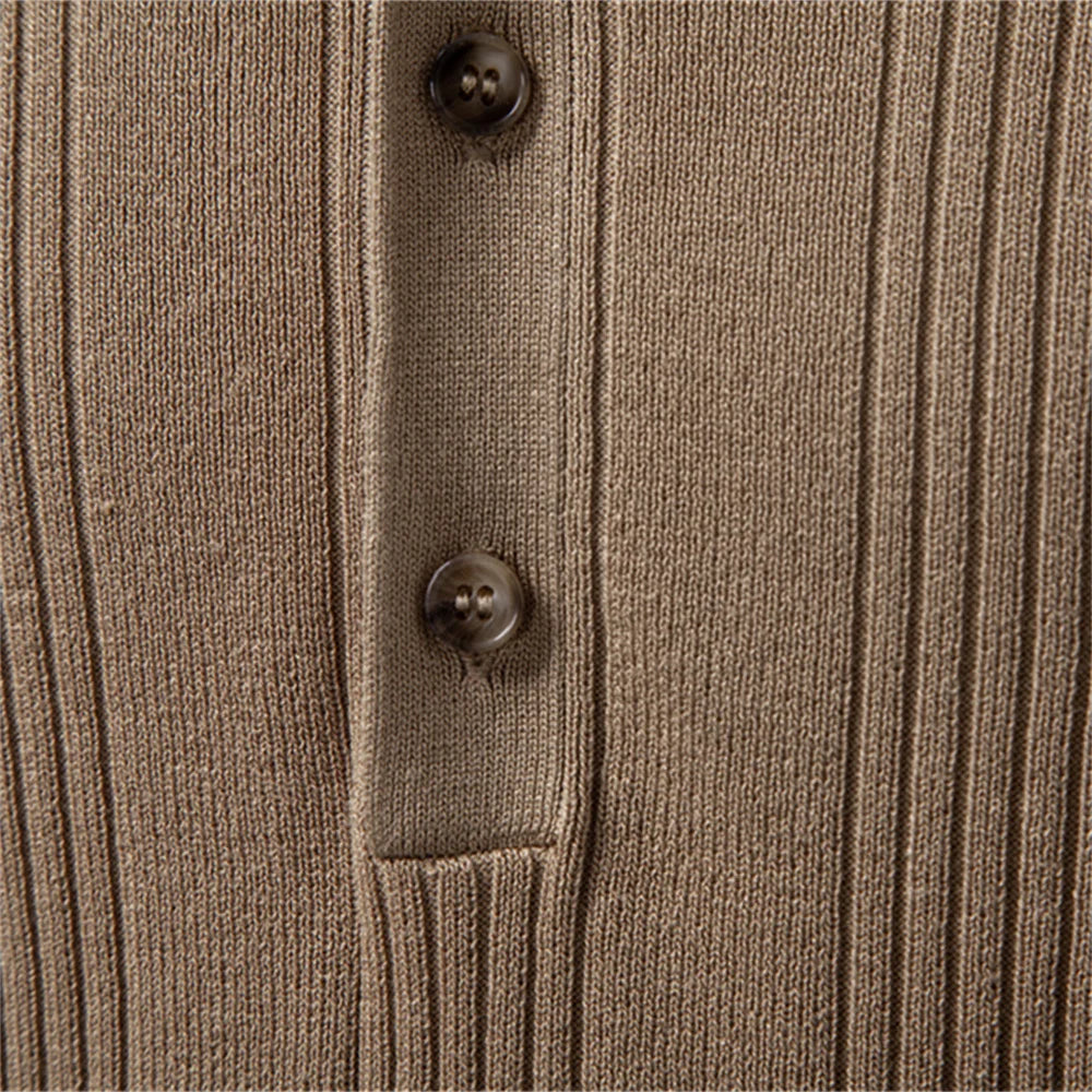 Men's short sleeve ribbed henley T-shirt. A structured yet comfortable polo alternative for casual style.