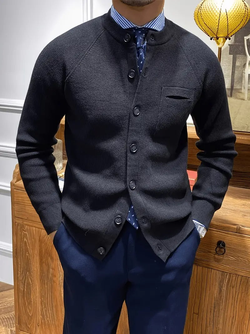 Men's ribbed knit cardigan sweater, long sleeve, crew neck, button front, ideal for smart casual wear.