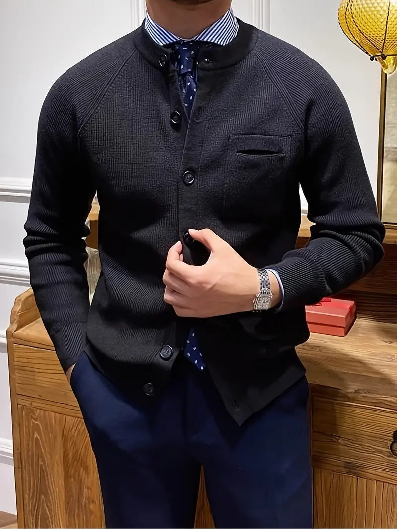 Cozy men's ribbed cardigan sweater with textured knit. Versatile button-front design for all-season layering.