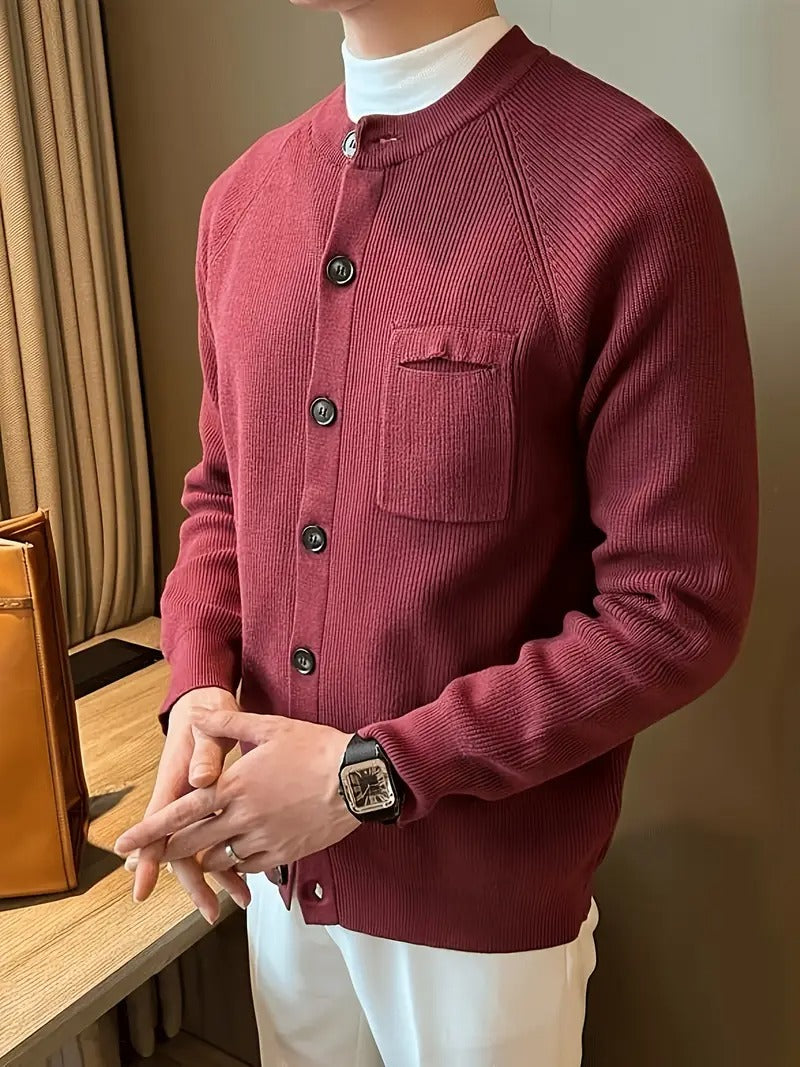 Men's crew neck ribbed cardigan sweater, featuring a classic button front. Soft knit for comfortable all-season wear.
