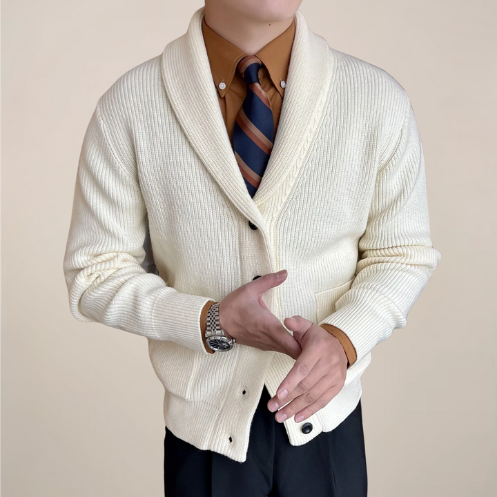 Men's ribbed knit cardigan sweater with elegant shawl collar. Perfect for smart-casual winter layering and comfort.