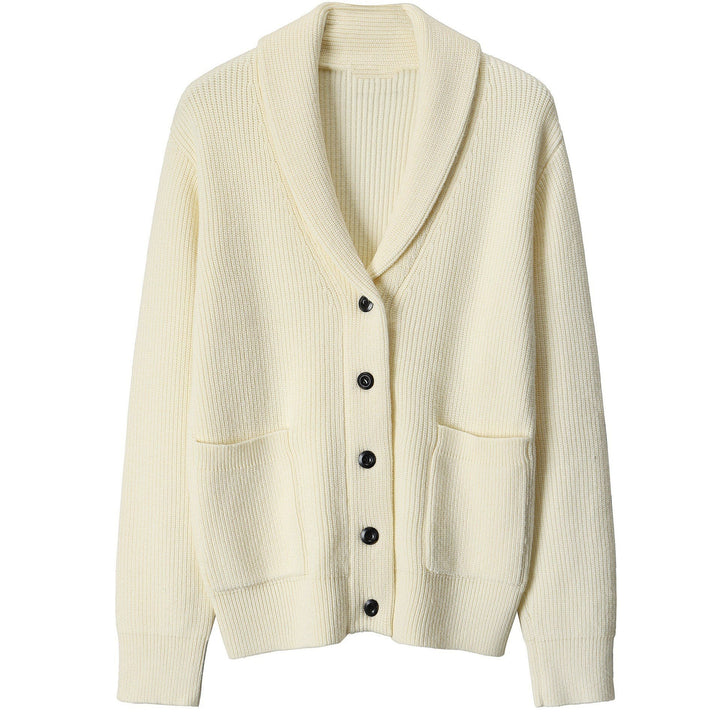 Close-up of men's ribbed knit cardigan. Soft, comfortable, and versatile button-up sweater for smart-casual wear.