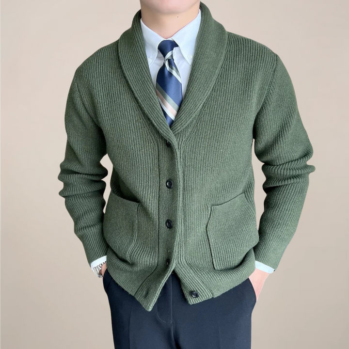Classic men's button-up ribbed knit cardigan, featuring a sophisticated shawl collar. Great for versatile smart-casual layering.
