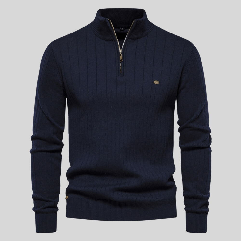 Men's ribbed mock neck half zip sweater in a classic color, perfect for layering & casual winter fashion.