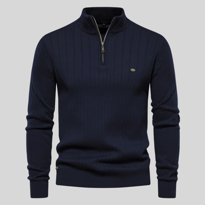 Men's ribbed mock neck half zip sweater in a classic color, perfect for layering & casual winter fashion.