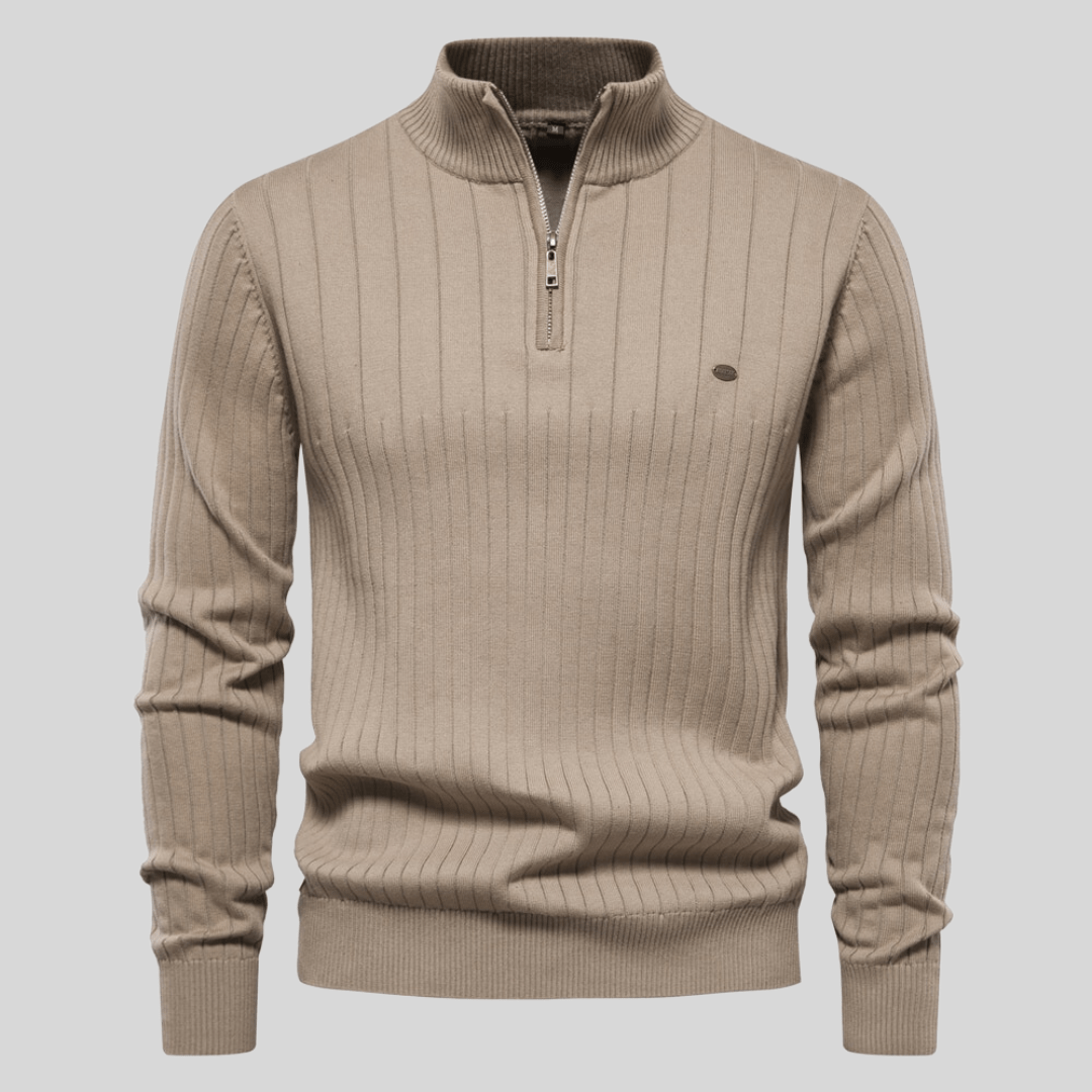 Comfortable men's ribbed mock neck half zip sweater, an essential long-sleeve for winter layering & casual style.