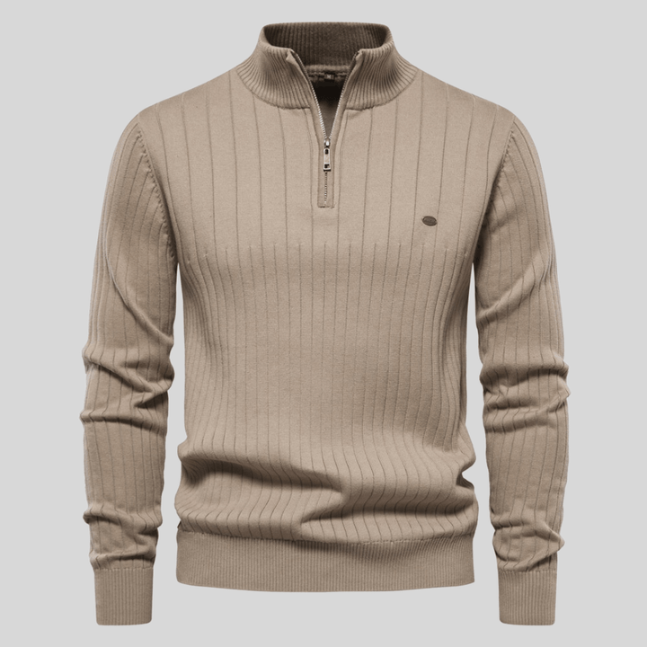 Comfortable men's ribbed mock neck half zip sweater, an essential long-sleeve for winter layering & casual style.