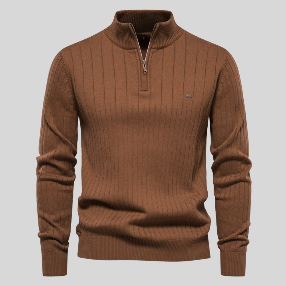 Versatile men's half-zip mock neck ribbed sweater, great for business casual or everyday winter layering.