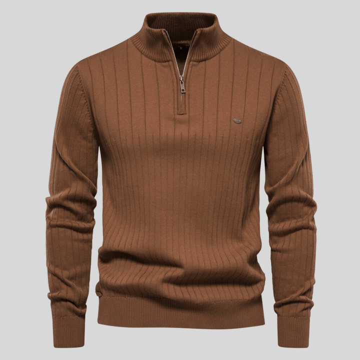 Versatile men's half-zip mock neck ribbed sweater, great for business casual or everyday winter layering.