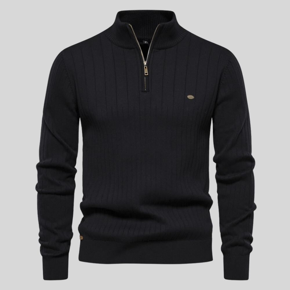 Men's half-zip mock neck sweater with ribbed texture, providing adjustable comfort & ideal for winter layering.