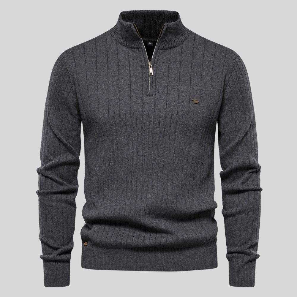 Trendy men's ribbed mock neck half-zip sweater, a long-sleeve winter fashion staple perfect for layering.