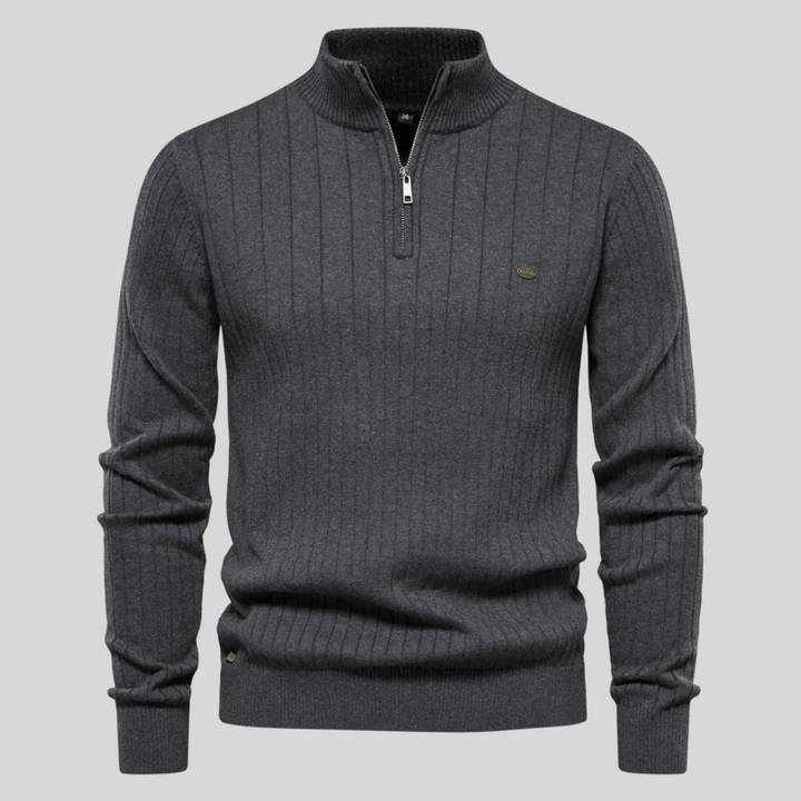 Trendy men's ribbed mock neck half-zip sweater, a long-sleeve winter fashion staple perfect for layering.