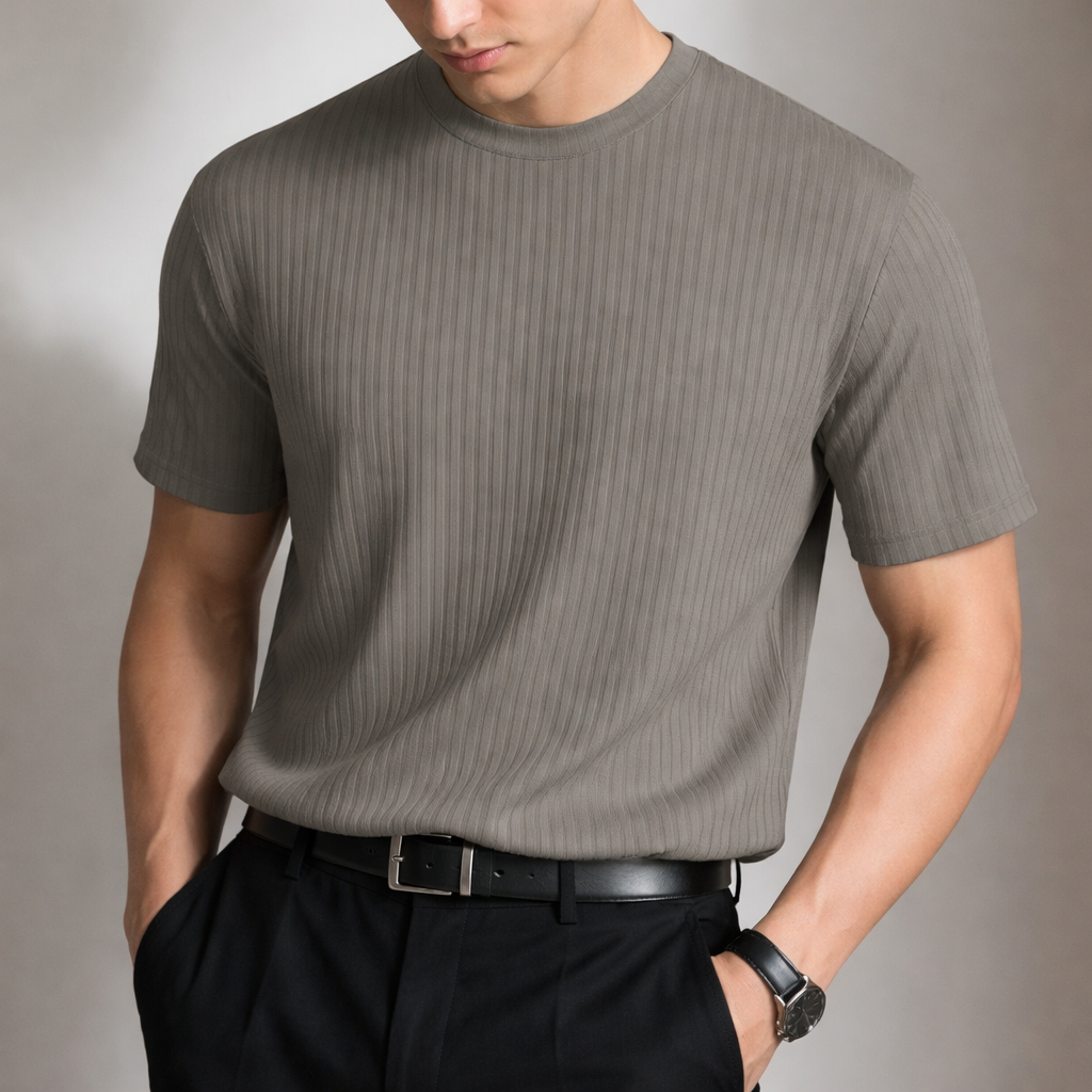 Stylish men's ribbed t-shirt with a sculpted fit, short sleeves, and o-neck, ideal for casual fashion.