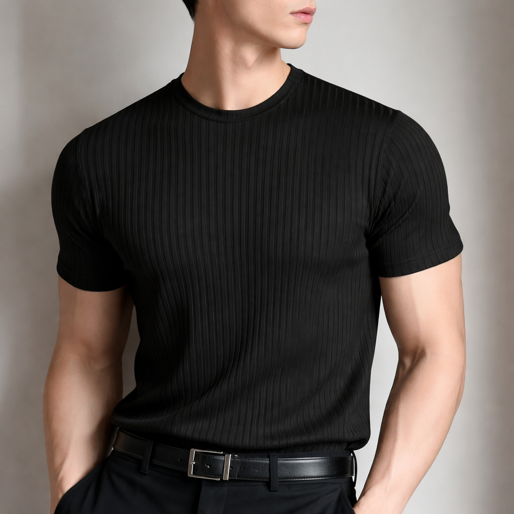 Modern tailored men's ribbed tee, featuring a sculpted fit and comfortable fabric for smart casual outfits.