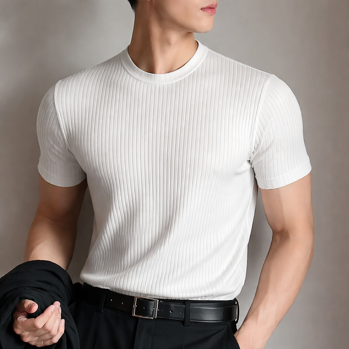 Versatile men's short sleeve t-shirt with a ribbed texture and tailored sculpted fit, a modern wardrobe essential.