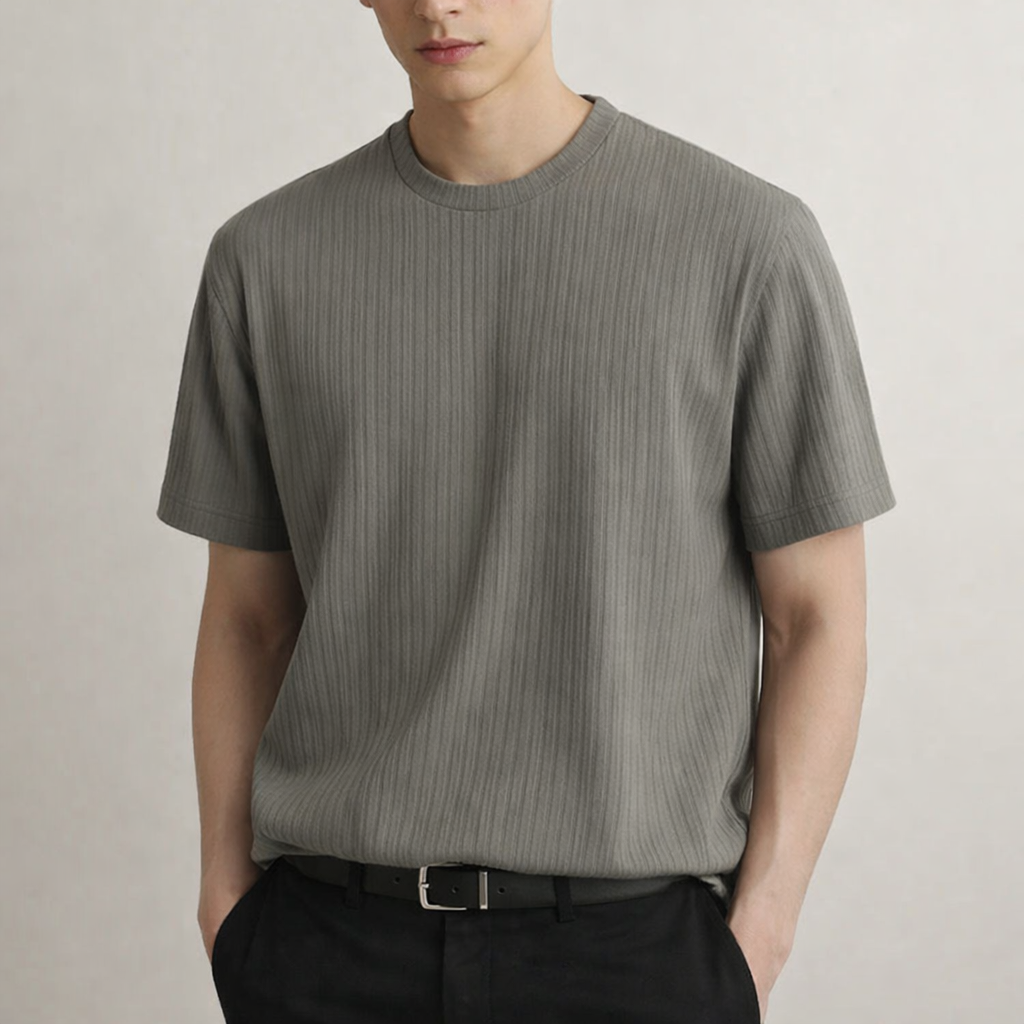 Close-up of a men's ribbed t-shirt, showcasing the sculpted fit and quality fabric for a sharp look.