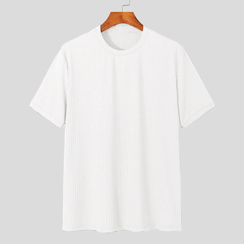 Contemporary men's apparel: a ribbed o-neck t-shirt with a sculpted, tailored fit for a sleek aesthetic.