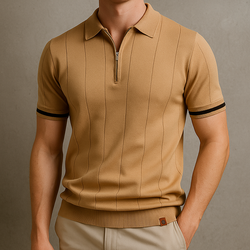 Close-up of ribbed texture on a men's zip-neck polo shirt. Short sleeve, comfortable everyday fashion.