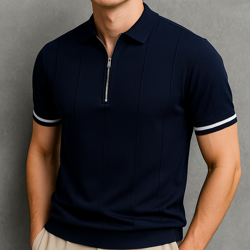 Man modeling a sophisticated men's short sleeve ribbed zip-neck polo. Ideal for smart casual outfits.