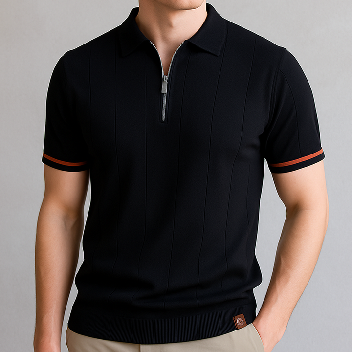 Men's short sleeve ribbed polo shirt featuring a functional zip neck. Versatile for athletic or everyday wear.