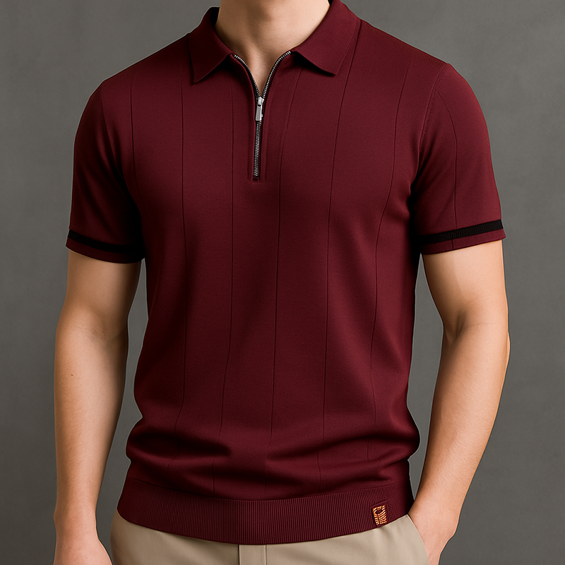 Classic men's ribbed zip-neck polo shirt, short sleeve. Blends casual comfort with smart-casual style.