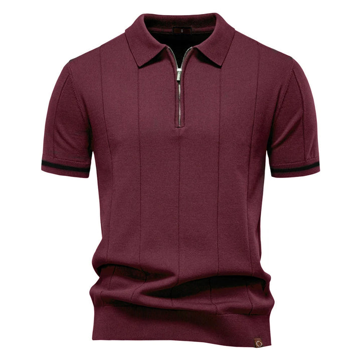 Versatile men's short sleeve ribbed zip-neck polo. Great for office wear, smart casual, and everyday fashion.