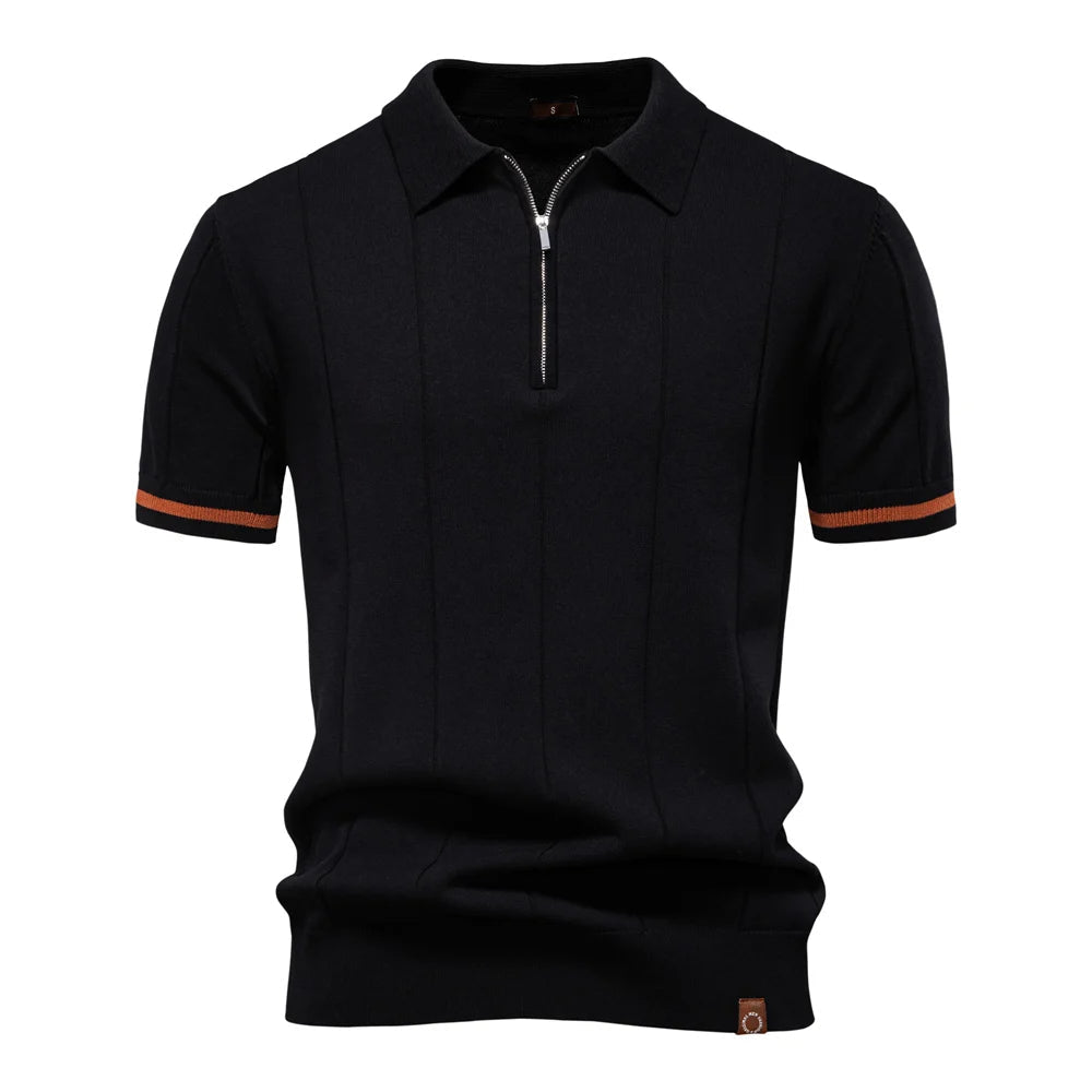 Men's short sleeve ribbed zip-neck polo shirt. Smart, casual, and versatile everyday fashion.