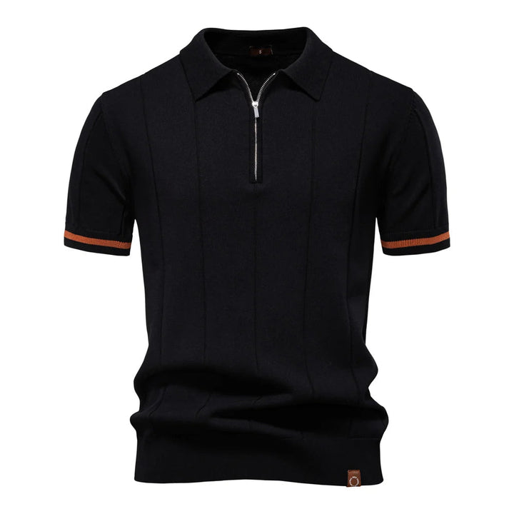Men's short sleeve ribbed zip-neck polo shirt. Smart, casual, and versatile everyday fashion.