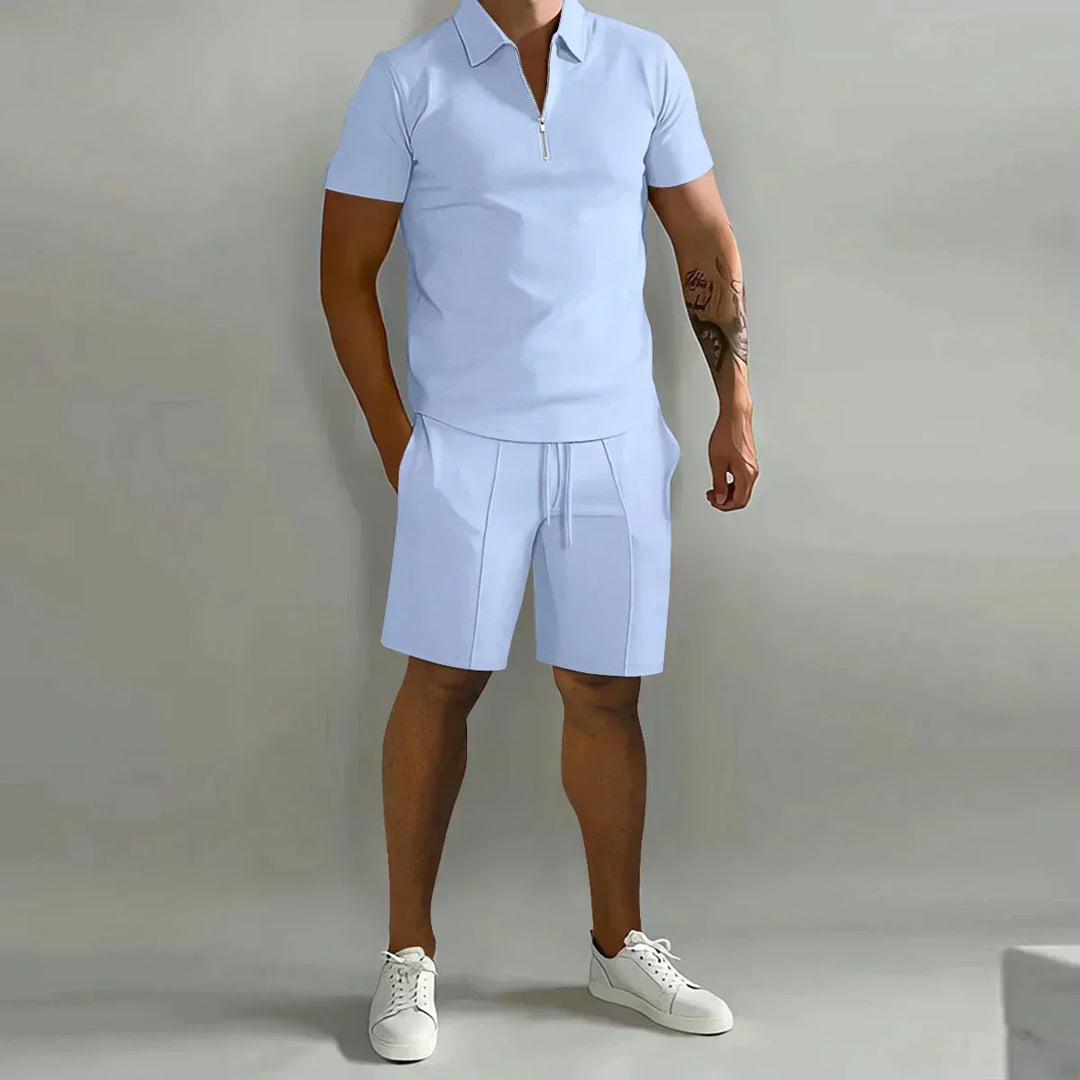 Men's short sleeve zip polo shirt with ribbed texture, ideal for a casual summer outfit.
