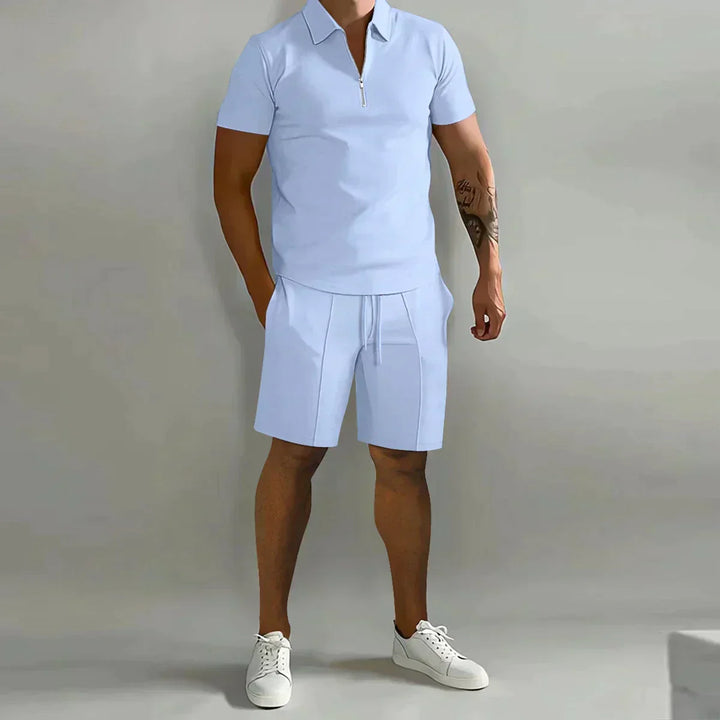 Men's short sleeve zip polo shirt with ribbed texture, ideal for a casual summer outfit.