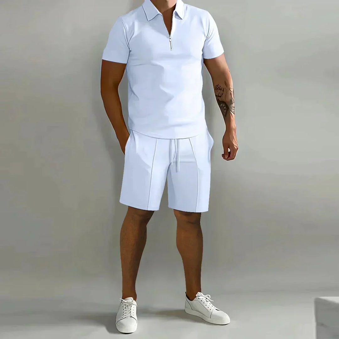 Close-up of men's ribbed short sleeve zip polo shirt, showing comfortable summer fabric.