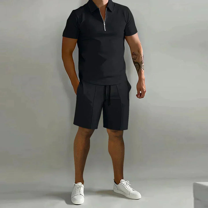 Men's matching summer set: short sleeve zip polo and drawstring shorts for ultimate comfort and style.