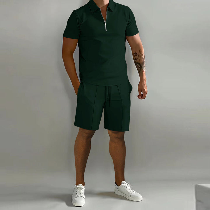 Men's casual 2-piece summer set: zip polo, short sleeve, drawstring shorts, ribbed for comfort.