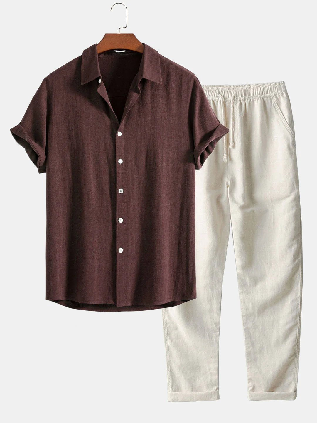 Casual men's two-piece outfit: rolled cuff shirt & comfortable pants for summer.