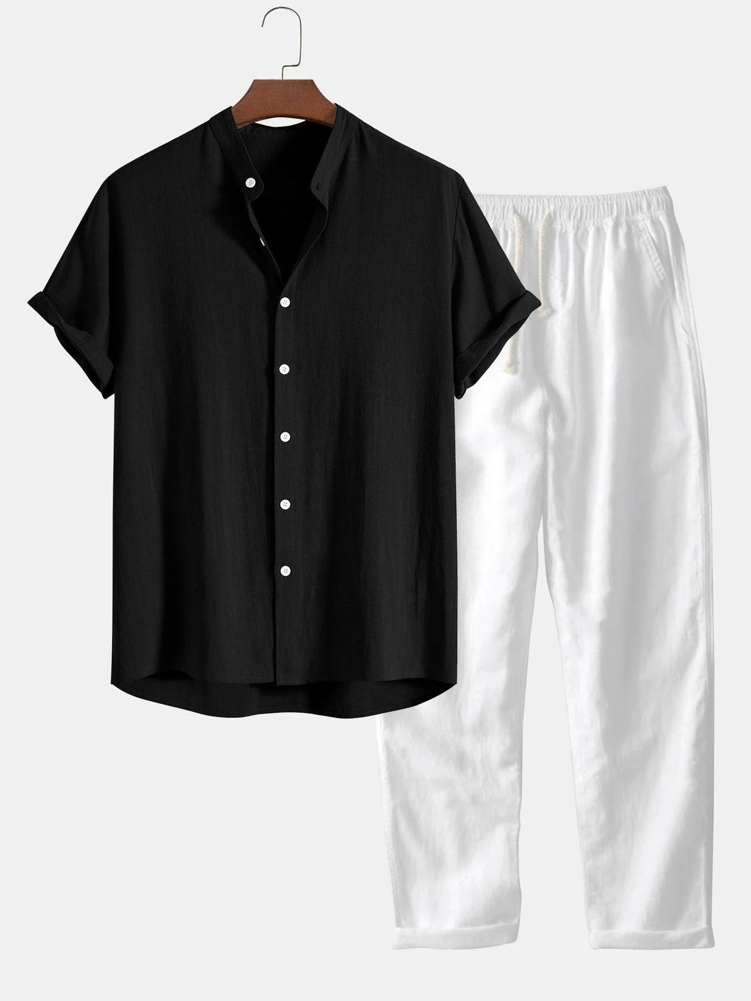 Stylish men's summer fashion set with rolled cuff shirt and comfortable trousers.