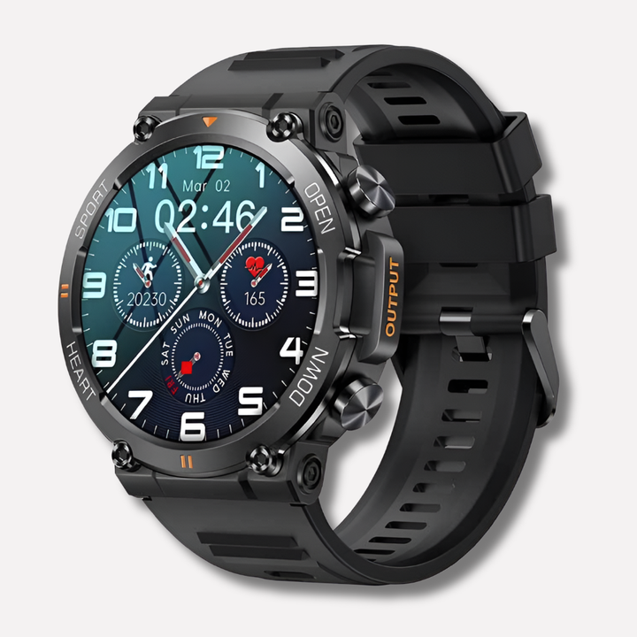 Rugged men's GPS smartwatch. A durable tech gadget for tracking adventures, monitoring health, and staying connected.