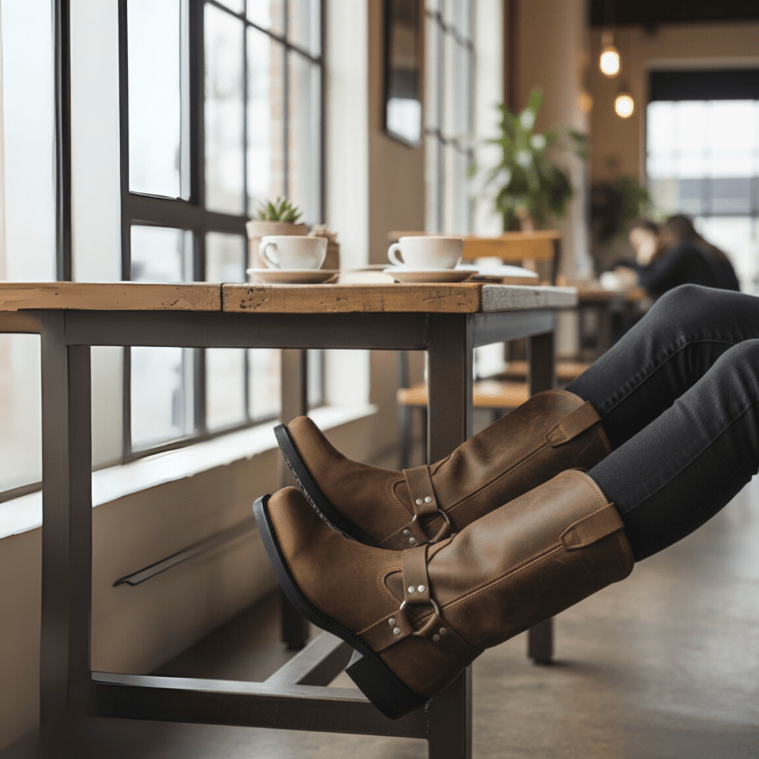 Durable men's harness boots for work, featuring an oil-resistant sole for safety & rugged style.