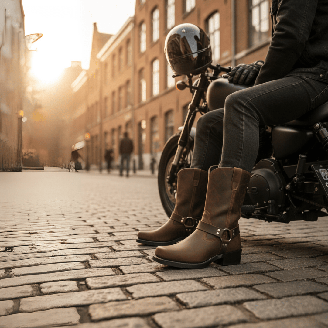 Close-up: Men's rugged leather harness boots with buckle detail, ideal for biker, workwear, or outdoor use.
