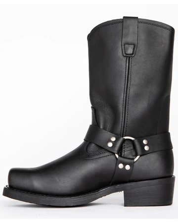 Full view of stylish men's rugged harness boots, showcasing durable construction and classic appeal for any season.