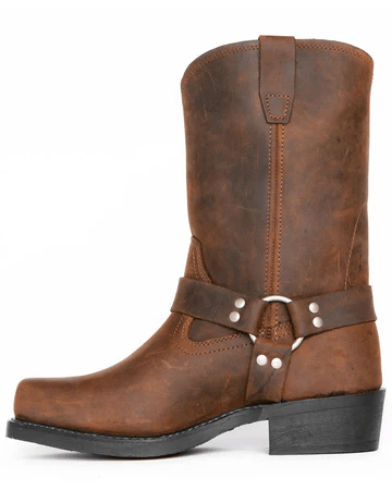 Versatile men's harness boots; rugged, durable, and stylish for casual, outdoor, workwear, or biker looks.