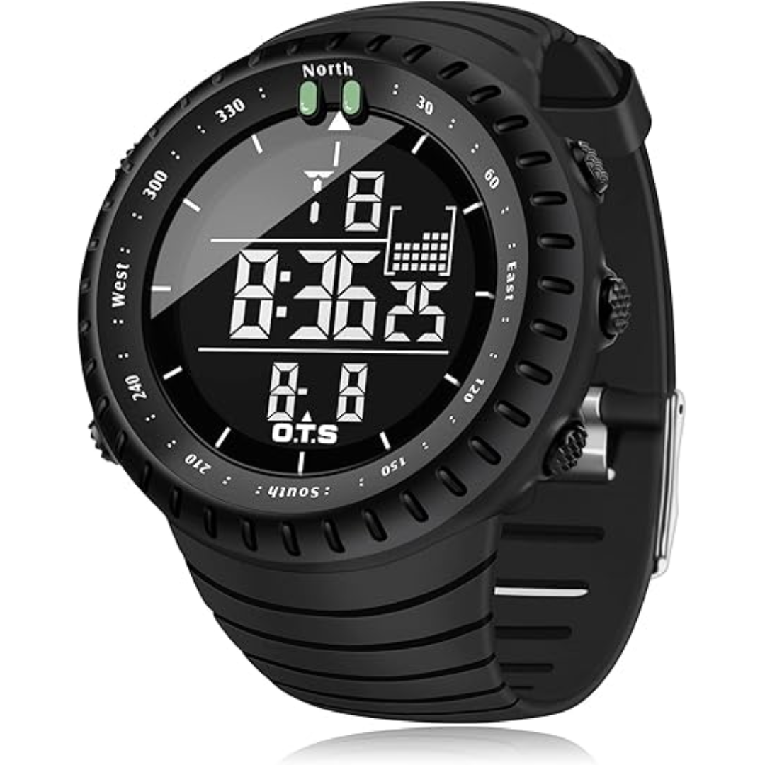 Men's rugged waterproof digital sports watch with clear LED display for active lifestyles.