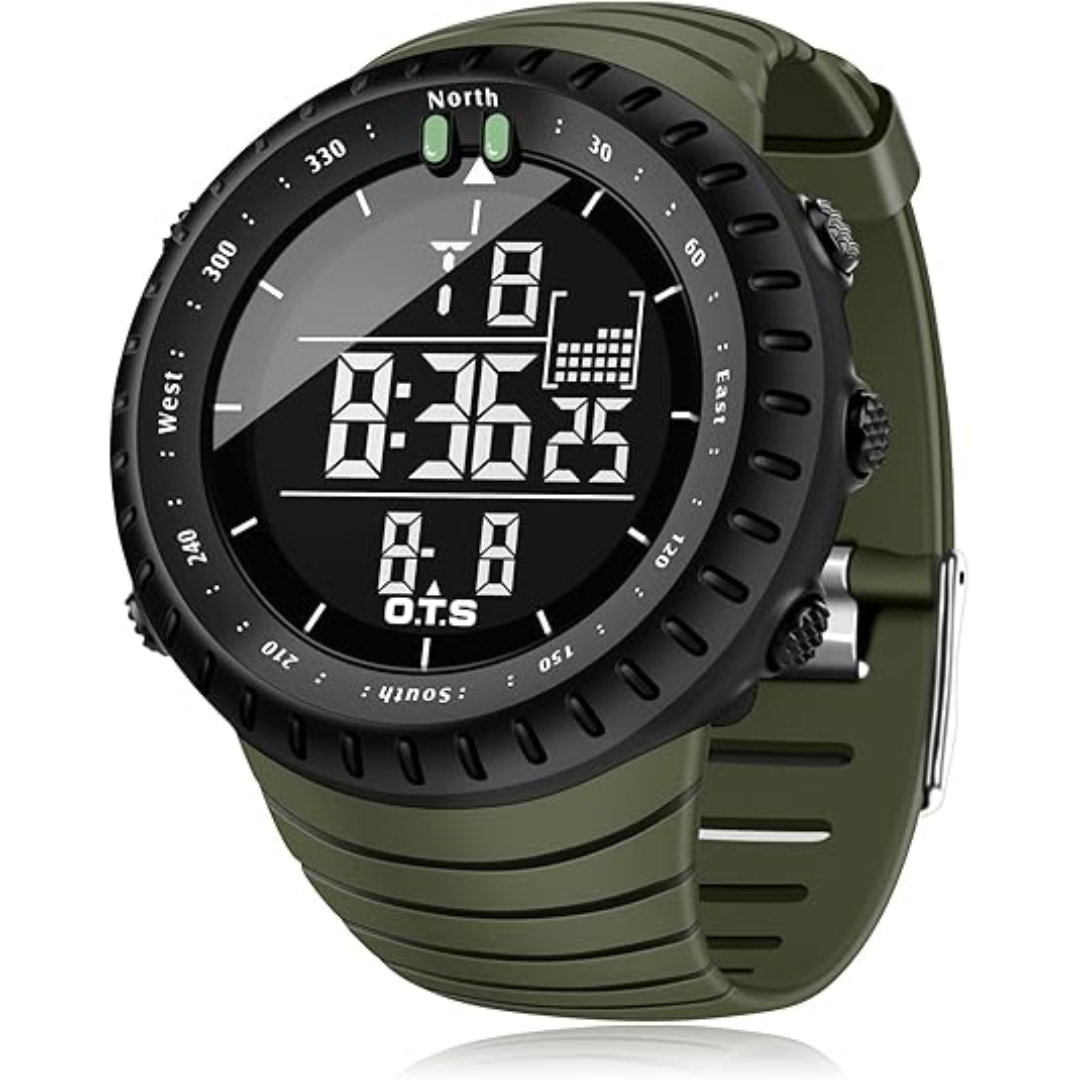 Waterproof & shock-resistant men's tactical digital watch for outdoor adventures and active use.
